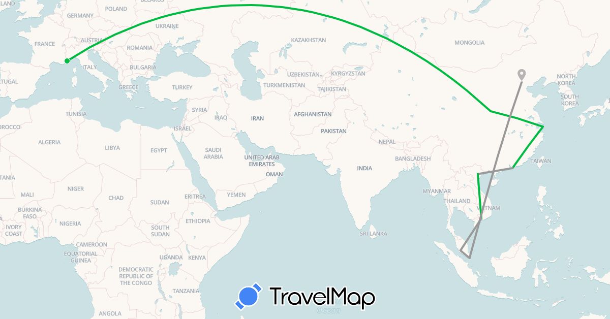 TravelMap itinerary: driving, bus, plane in China, France, South Korea, Malaysia, Singapore, Vietnam (Asia, Europe)